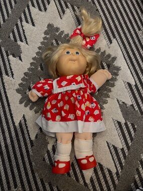 Vintage Cabbage Patch Kids Red Patterned Dress Plush-Body Doll with Blonde Hair